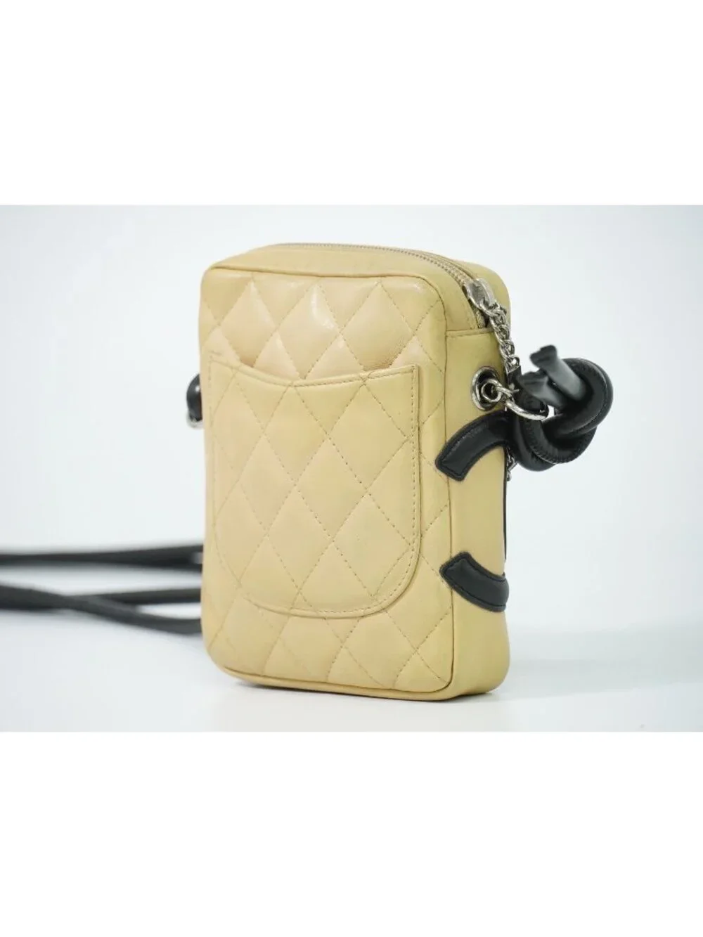 Chanel CC Logo Cambon Line Shoulder Bag Pochette Lambskin Leather Beige Black
